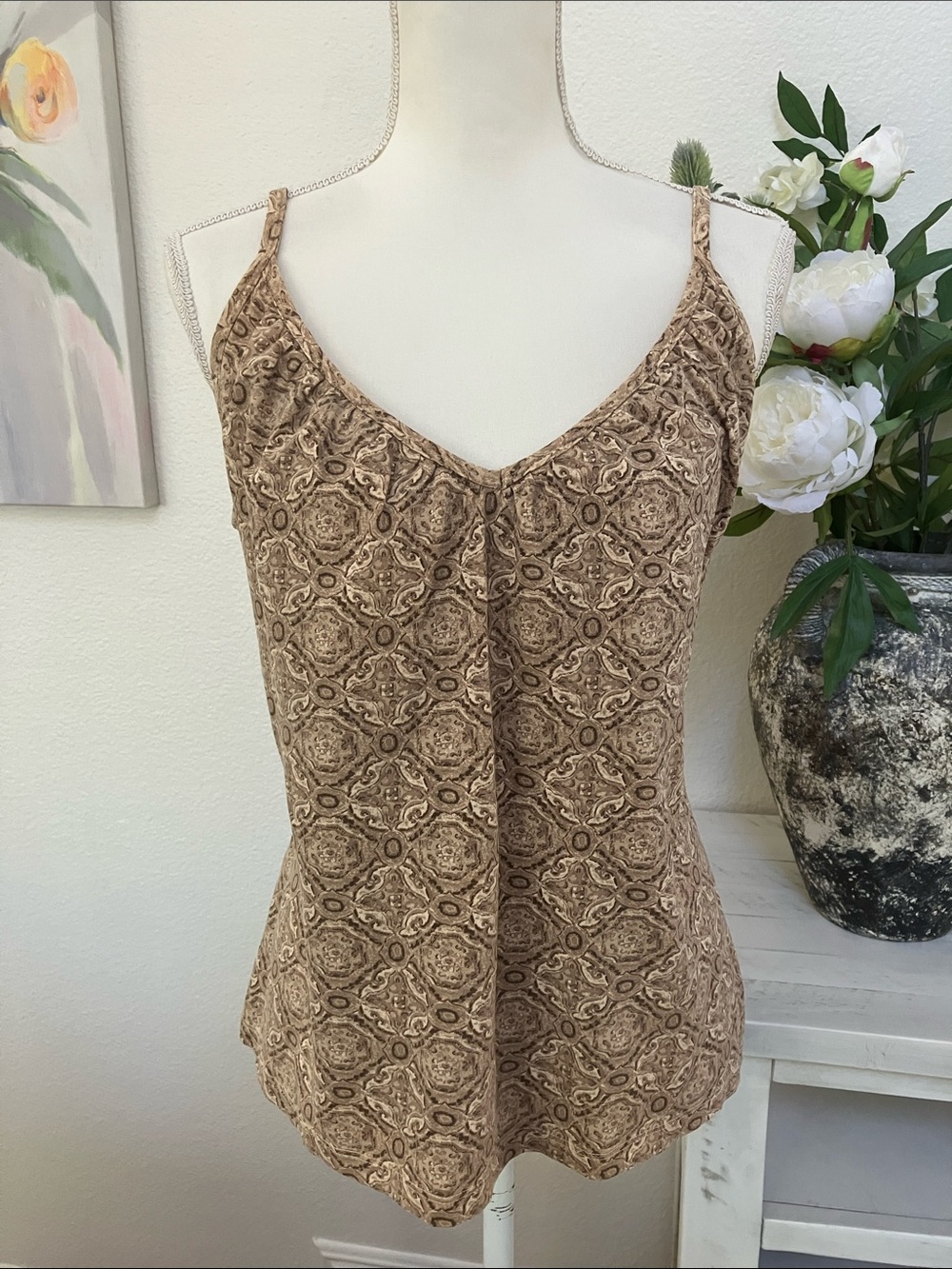 Sonoma Tan Printed Satin-Like Cami Tank